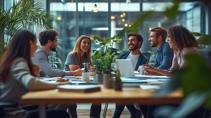 International happy professional business team consulting at group meeting Multicultural busy coworkers working together in teamwork discussing project managing work plan in office boa : Generative AI