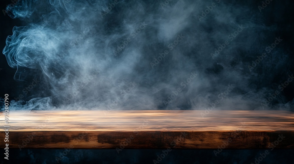 Fototapete empty wooden table with smoke float up on dark background Empty Space for display your products : Generative AI