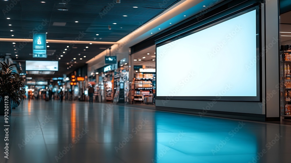 Aufkleber sign and billboard mockup at duty free shop in departure terminal to promote your business or organi
