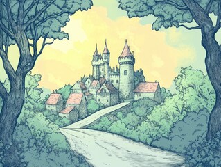 Obraz premium Whimsical landscape featuring a fairy tale castle and an ancient town surrounded by park trees Hand drawn illustration ideal for various print materials and digital use