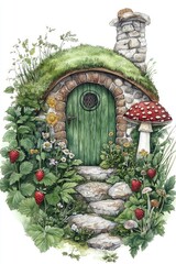 Vintage forest dwelling featuring a green door and a stone fireplace surrounded by a garden of wild herbs ferns strawberries mushrooms and fly agarics illustrated in watercolor style on white back