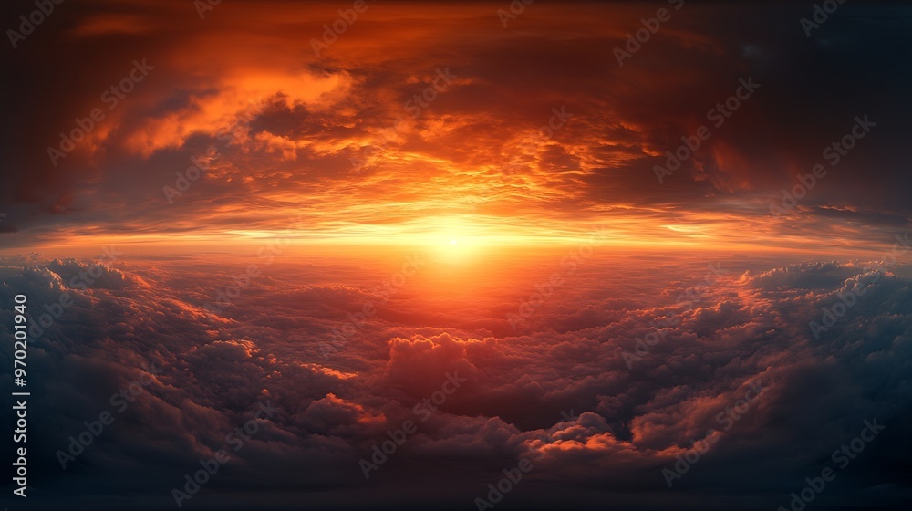 Aufkleber golden glowing red orange overcast sunset sky panorama hdr seamless spherical equirectangular 360 pa