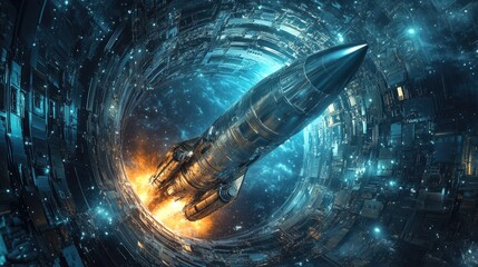 Stylized steel rocket design in a futuristic space setting