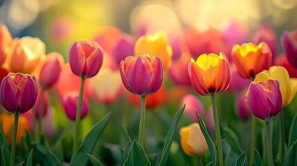 A flower bed of multicolored tulips in Keukenhof Park in the Netherlands Spring flowers in the garden Floral background with copy space Screen saver wallpaper with spring bulb flowers : Generative AI