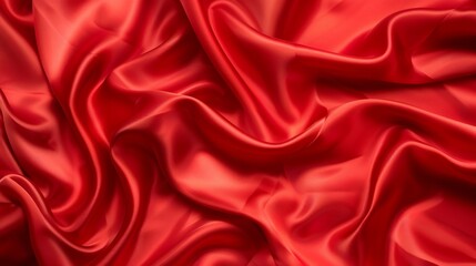 Fototapeta premium Red silk satin Soft folds Fabric Bright luxury background Space design Wavy lines Banner Flat lay top view table Template Beautiful Elegant Christmas New Year Valentine Mothers Day : Generative AI