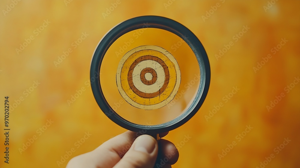 Aufkleber hand holding target board inside vintage magnifying glass for focus business objective on orange bac