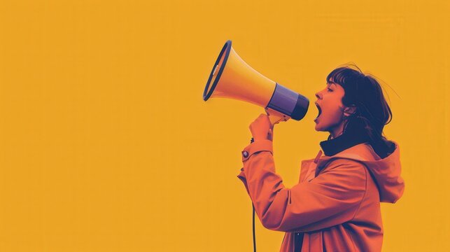 Woman Shouting Through Megaphone on Yellow Background