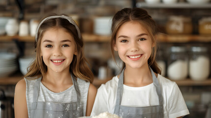 Two Sisters Wearing Grey Aprons Sifting Flour