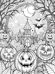 Detailed Halloween scene featuring pumpkins and a haunted house in the background. Perfect for coloring books, festive web design, or party invitations