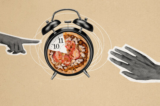 Creative collage picture human hands body fragment alarm clock pizza food meal nutrition junk food unhealthy calories dieting hour - Powered by Adobe
