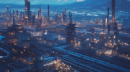 Fototapeta premium Factory area, industrial complex, huge industrial complex, night view, modern factory area, beautiful, spectacular, overwhelming, Night view of the factory area,city, urban, building, cityscape, archi