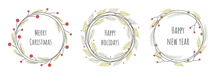 A set of New Year's wreaths from Christmas tree branches. Round frame with place for text. Merry Christmas. Happy holidays. Minimalistic vector illustration.