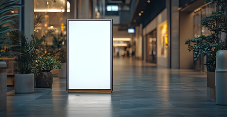 A white sign is in a mall with a lot of greenery