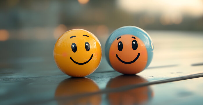 Two smiling balls with one being yellow and the other orange