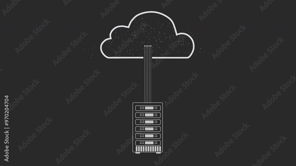 Poster Server, cloud and storage for data for innovation, information sharing and networking. Illustration, connectivity and tower on black background for communication, AI development and technology space