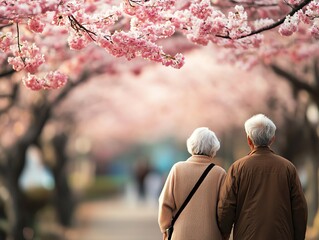 Obraz premium A loving elderly couple walks hand in hand through a beautiful cherry blossom pathway, embracing nature and each other's company.
