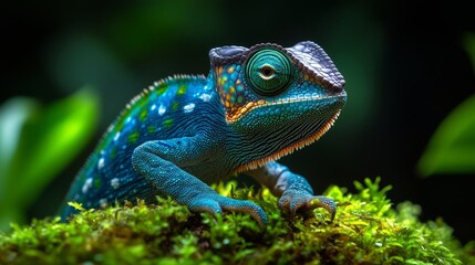 Fototapeta premium A colorful chameleon with its head tilted and eyes open, sitting on moss in the rainforest