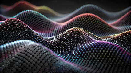 The image shows a digital waveform with a pixelated surface that glows with a gradient of colors.