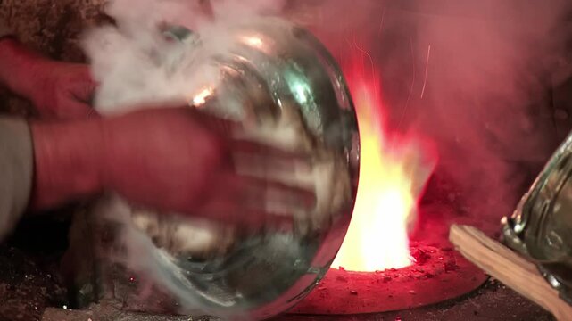 Copper tinning using traditional methods. Tinsmith worker. Turkey
