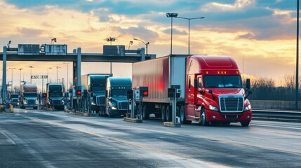A line of semi-trucks passing through a toll booth on a major highway