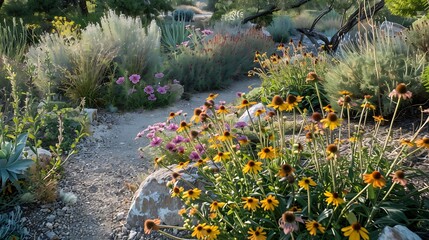 A xeriscape garden with a wide variety of hardy drought tolerant plants including Echinacea Coneflowers Gaillardia Geranium rozanne Poker plants and more : Generative AI