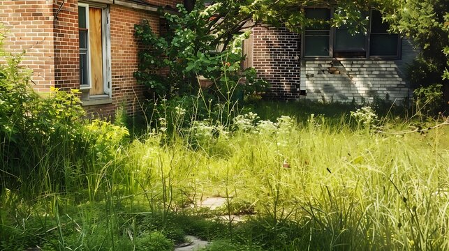 A neglected backyard garden with an overgrown tall grass lawn full of weeds against a residential suburban brick house : Generative AI