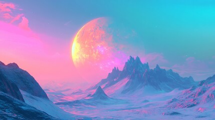 Futuristic alien landscape with vibrant sky and