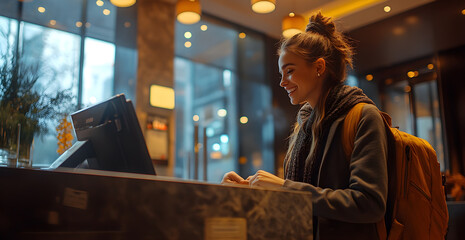 Fototapeta premium A woman is sitting at a desk in a hotel lobby, smiling and typing on a computer