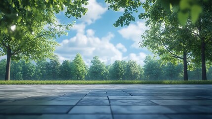 Fototapeta premium Empty square floor and green forest under blue sky : Generative AI