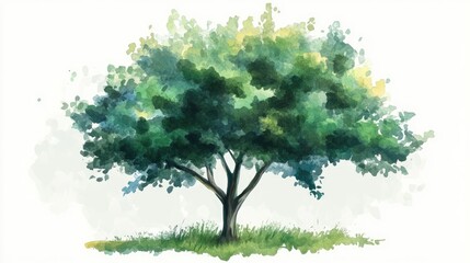Hand drawn 2D cartoon illustration of a watercolor tree set against a white background