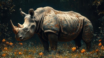Fototapeta premium A majestic rhinoceros in a lush, vibrant environment.