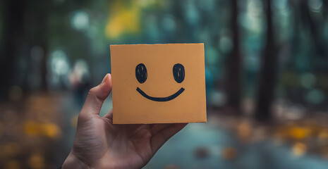 A person is holding a smiley face made out of a cardboard box