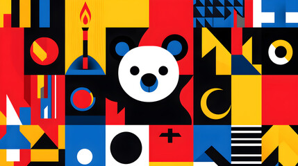 A colorful collage of shapes and patterns with a bear in the center