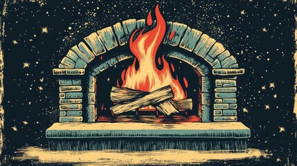 Retro coloring book illustration of a cozy fireplace scene Flames flicker and dance evoking soothing sensations of warmth and the comforting ambiance of a crackling hearth