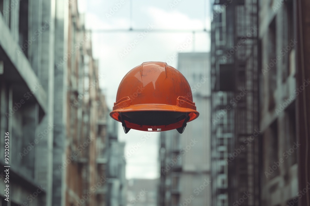 Poster A Hard Hat Floating Between Modern Buildings