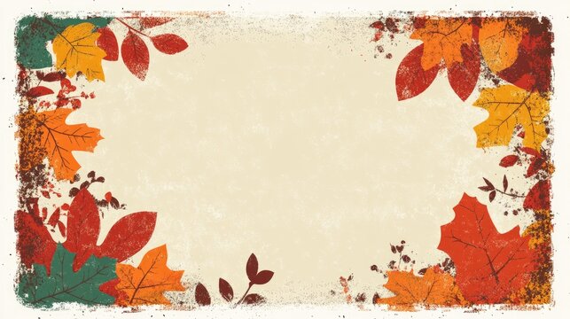Retro illustration of a blank autumn invitation card with a Thanksgiving theme Features a flat layout of fall leaves creating a border frame ideal for a seasonal greeting card design