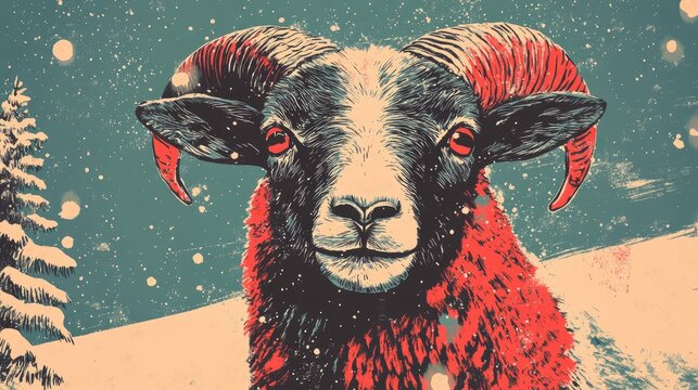 Close up portrait of a Hortobagy Racka sheep in a winter landscape