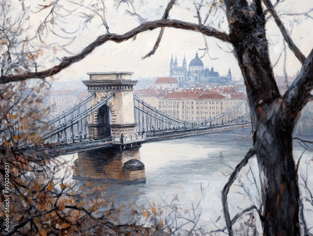 Wall mural oil painting depicting a renowned chain bridge framed by branches on an overcast day