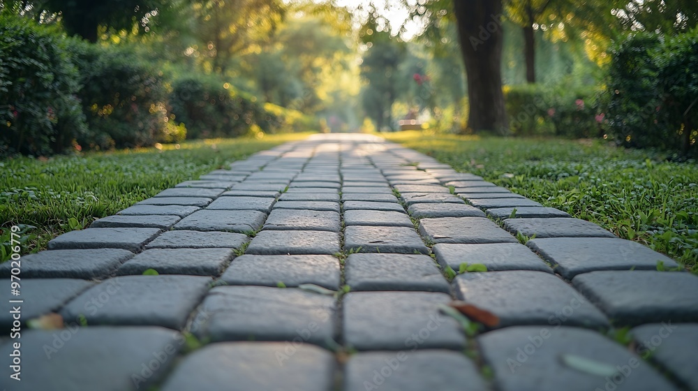 Poster Laying stones on a walking path Red brick for the path Landscaping the path with cubes of gray and red tiles Closeup of the stone slab that paved the road in the park : Generative AI