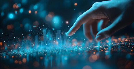 A hand is pointing at a cityscape with a blue sky