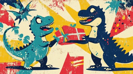 Cute dinosaurs exchanging gifts on a colorful background