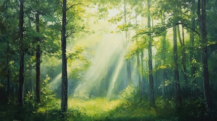 Fototapeta premium Vertical oil painting of lush green forest trees with sunlight filtering through creating a serene natural backdrop