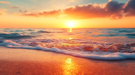 Fototapeta premium Orange golden sunset sunrise sky calm tranquil relaxing sunlight summer Closeup sea sand beach Panoramic beach landscape Inspire tropical seascape waves horizon Peaceful nature Mediter : Generative AI
