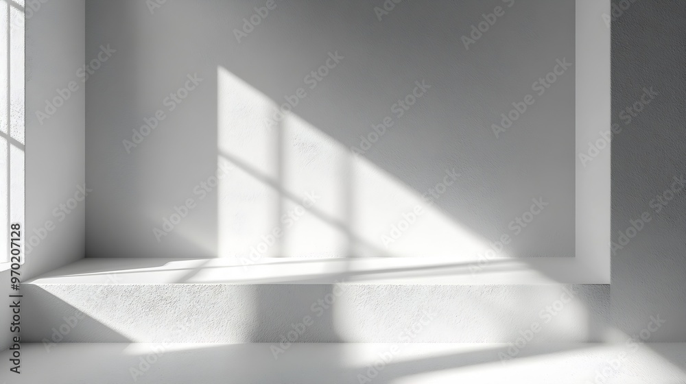 Leinwandbilder White abstract empty corner blank table studio shot empty table white podium with spotlight and bright minimal background plaster bright white and gray wall and white table stage backg : Generative AI