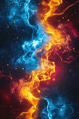 Line art depiction of fire and ice plasma featuring an energetic background with electric lightning elements