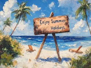Oil painting depicting a handwritten sign Enjoy Summer Holidays symbolizing relaxation and self care during vacation time Conceptual imagery for summer getaways and leisure