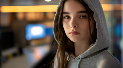 Thoughtful teenage girl in a gray hoodie, soft focus background, introspective expression, captures mood, emotions, and youth in urban setting