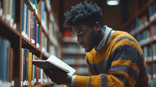 Ambitious determined and devoted student studying at the library driven go getter discipline : Generative AI