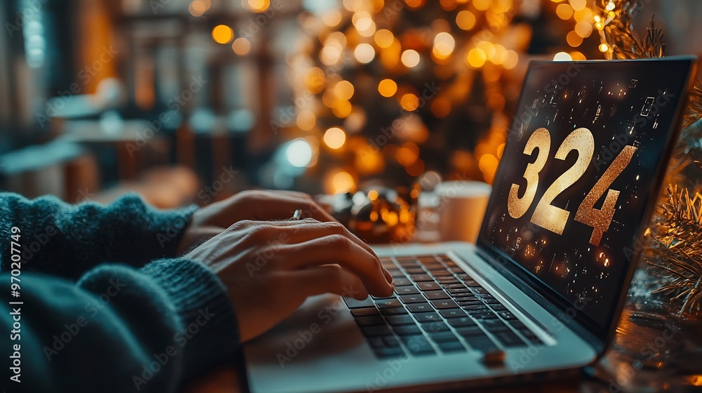 Poster Changes in new planning Hand using laptop with number 2024 new year start new year concept digital trendsindustry and business trend strategy investment business planning and happy new : Generative AI