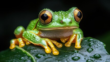 A vibrant green frog resting on a leaf with raindrops.